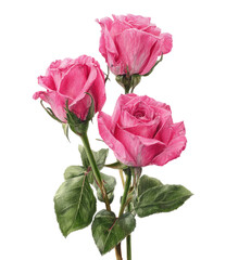Obraz premium Three pink rose blooms with stems and green leaves against a transparent background