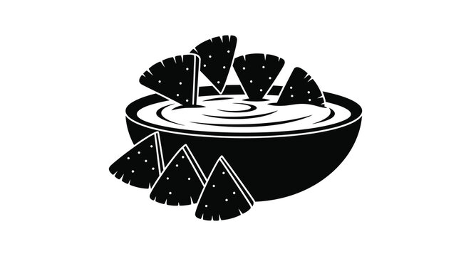 A minimalist black and white illustration depicts a bowl of dip surrounded by tortilla chips high quality professional
