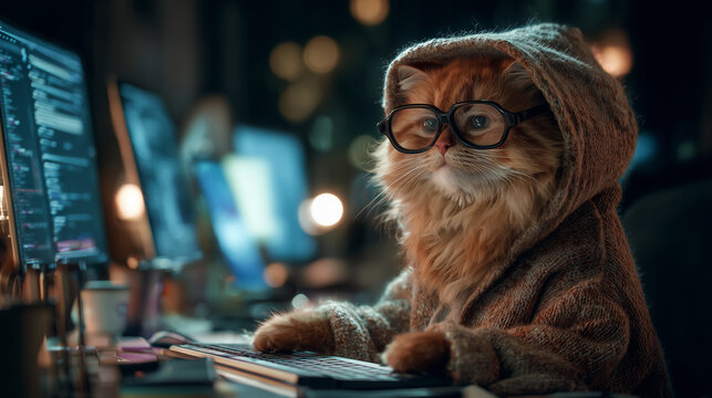 smart ginger cat wearing hoodie and glasses working on a computer at a desk in home office