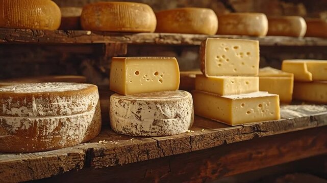 An assortment of artisanal cheeses aging on wooden shelves, showcasing traditional craftsmanship, rich textures, and rustic food culture in a cheese cellar.