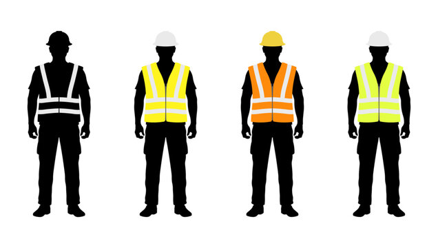 Set of four black silhouettes of construction workers in colored safety vests with reflective stripes and helmets, including orange, yellow, lime green, and black and white version, no background