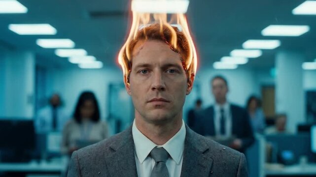 Portrait of a serious businessman with his head on fire in an office. Surreal visual effect of a burning mind symbolizing professional burnout. Corporate stress and mental pressure concept