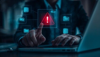 Businessman interacting with warning sign on digital interface