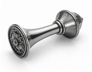 Antique Silver Rattler with Intricate Floral Design on White Background