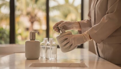 Obraz premium Closeup of resort housekeeping hands refilling biodegradable soap dispensers with lush resort greenery softly blurred in the distance.