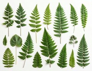 Obraz premium Assorted Green Fern Leaves Isolated on a White Background Still Life