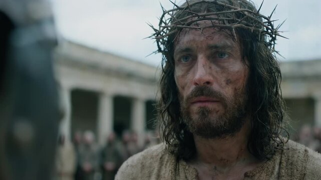 Close-up of Jesus Christ wearing a crown of thorns standing before a Roman soldier. Portrait of the Savior suffering with blood on his face before crucifixion. Biblical Passion concept