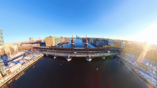 Iconic Oberbaum Bridge Over the Spree in Winter &ndash; Dynamic Drone View