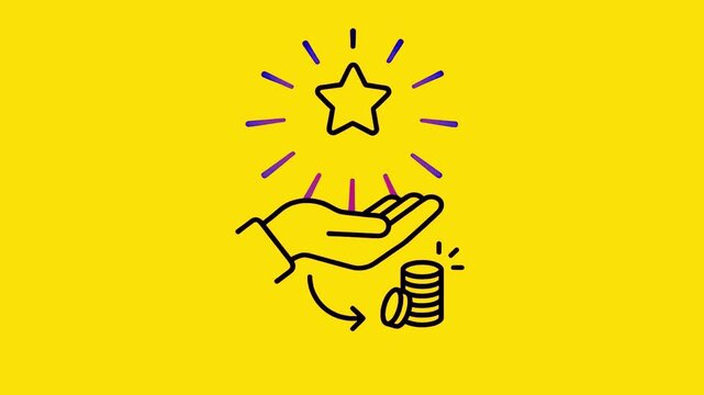 Hand Holding Star and Coins Cashback and Customer Reward, Customer Satisfaction and Value Exchange Icon Animation Quality Rating, Cashback and Investment Return Illustration.
