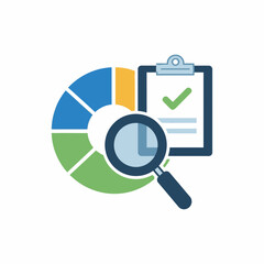 Illustration of a pie chart with a magnifying glass and a clipboard with a checkmark.