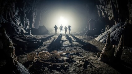 Escape from the underground passage, group running with skeleton in dark cave