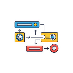 Illustration of a flowchart with interconnected colored blocks and arrows.