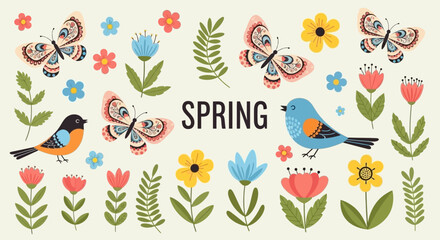 A vibrant illustration celebrating the arrival of spring with colorful butterflies, birds, and blooming flowers.