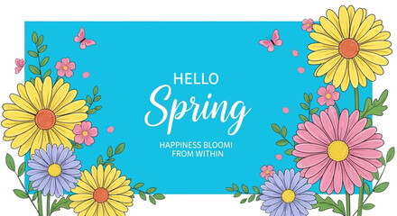 A vibrant spring illustration featuring colorful daisies and butterflies on a bright blue background with the text "Hello Spring".