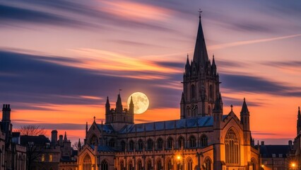 Full moon rising behind the majestic Oxford's architecture during dramatic sunset sky creating