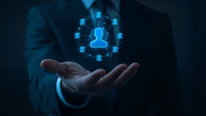 Businessman presenting glowing network connection concept in modern office