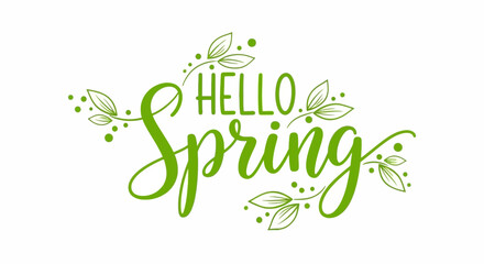 Obraz premium Hello Spring text with green leaves and dots, symbolizing the arrival of the new season.
