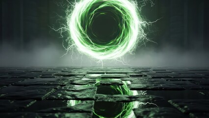 Mystical green energy vortex above a stone surface reflecting the luminous halo