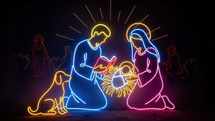 Neon christmas nativity scene displaying a heartwarming illustration of love and faith celebration