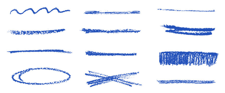 Hand drawn blue underlines. Crayon line pencil brush stroke texture chalk strikethrough hand pen drawn highlight forms for school projects and creative kids&rsquo; art. Vector freehand scribble divider.