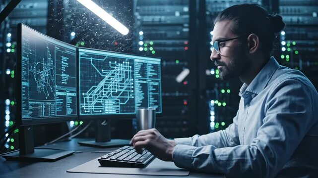 IT engineer works on computer with technical blueprint in data center server room. Man specialist types on keyboard while examining infrastructure diagram on monitor. Professional analyzes system arch