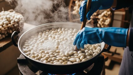 Silk cocoon boiling process in a large pan for raw silk thread production