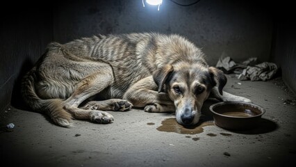 Solitary confinement: a vulnerable dog seeks solace under stark illumination in a cramped space