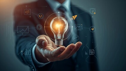 Businessman presenting innovative idea with glowing light bulb