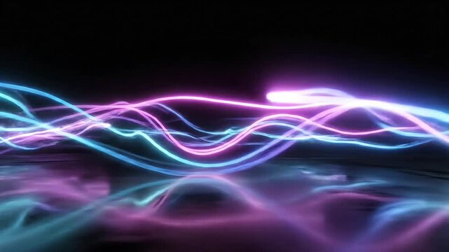 Vibrant abstract neon light trails flowing across a reflective surface, creating a dynamic and futuristic visual effect