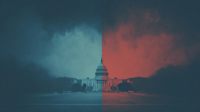 United States Political Division Concept &ndash; Capitol Building Split Between Red and Blue