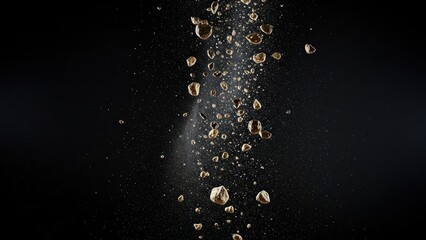 Suspended golden nuggets levitating and falling against a dramatic dark backdrop creating a