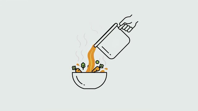 Hand Pouring Hot Soup into Bowl Healthy Carrot Soup, Outline Icon Animation of Chef Adding Steaming Liquid to Vegetables in Bowl