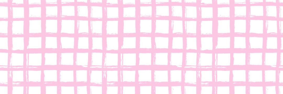 Pink girly plaid pattern line seamless pattern. Repeated white baby background with pastel pink gingham brush stroke for picnic. Wave checker doodle print seamless pattern. Spring surface design.