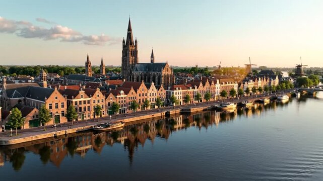 Aerial view of medieval town along river with church and windmills at sunset, reflections in water