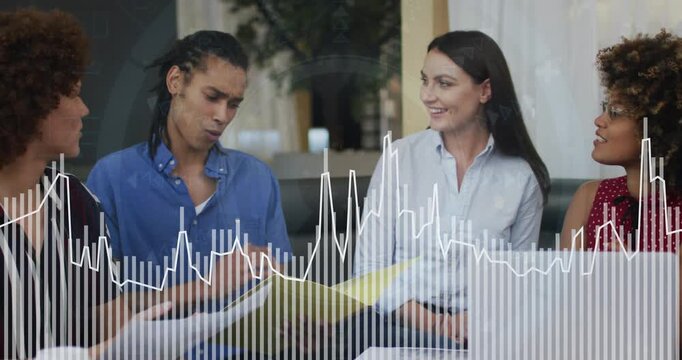 Man in blue showing yellow file for update, business team celebrating, waveform syncing speech
