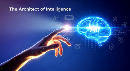 Glowing AI Brain with Hand Pointing to Digital Intelligence