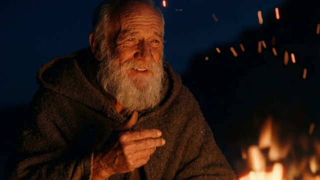 Elderly bearded man storyteller talking by a campfire at night. Wise prophet or traveler sharing a legend in the wilderness with flying sparks. Ancient oral history concept