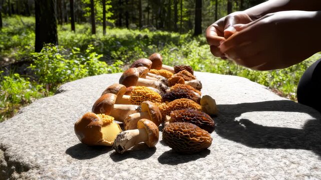 Hands Placing Variety of Mushrooms on a Stone Surface in Forest