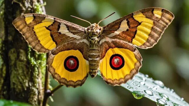 Eye-catching forest moth opens its wings to reveal vibrant yellow and brown patterned markings in nature