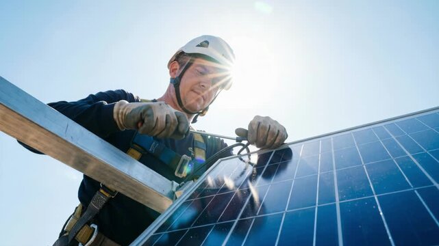Solar panel installer working on a roof with sun flare. Professional engineer in safety helmet tightening bolts on photovoltaic module. Renewable energy and sustainability