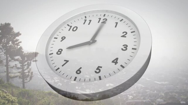Frames starting, clock rotating while hands moving clockwise, showing elapsed time over misty hill