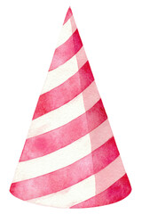Obraz premium Watercolor illustration of a striped party hat in shades of pink on a black background