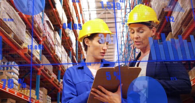 Manager pointing at clipboard and guiding worker, blue charts overlaying warehouse inventory data
