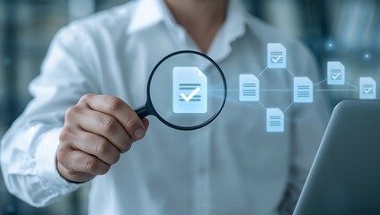 Professional document verification with magnifying glass and digital files