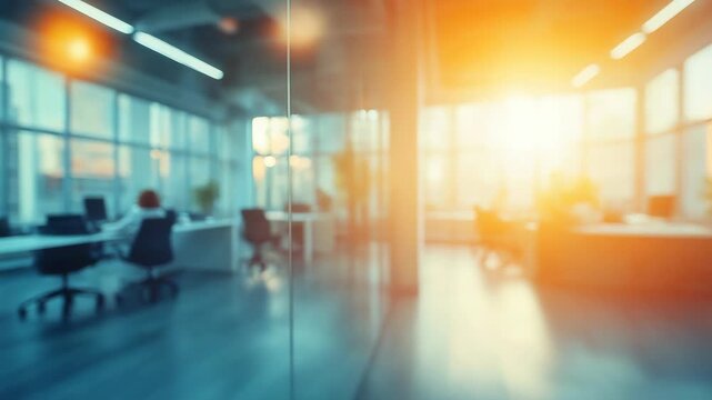 Bright sun glare in a modern blurry office interior with a business person sitting at a desk working