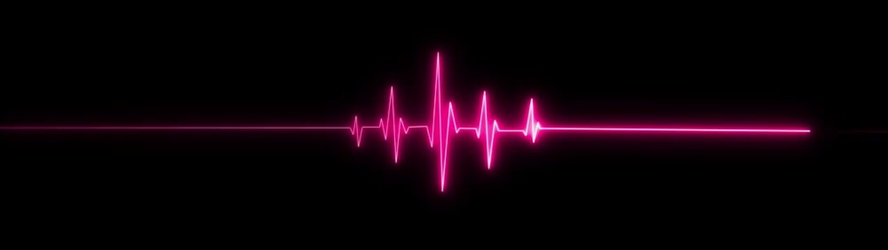 Glowing neon blue ECG heartbeat line on a dark black background, featuring sharp pulse spikes and smooth horizontal segments. Futuristic medical and technology-