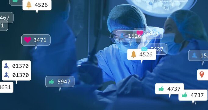 Lower-left alerts appearing, lead surgeon operating under lamp, bubbles rising covering surgery