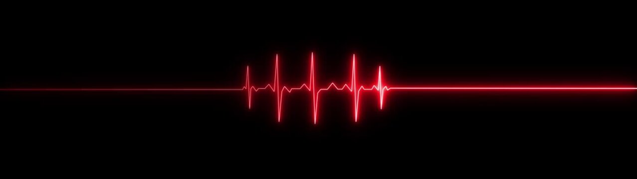 ECG heartbeat line glowing on a deep black background, with sharp pulse peaks and smooth flat segments, symbolizing heart activity, life monitoring, and medical diagnostics in a futuristic digital.