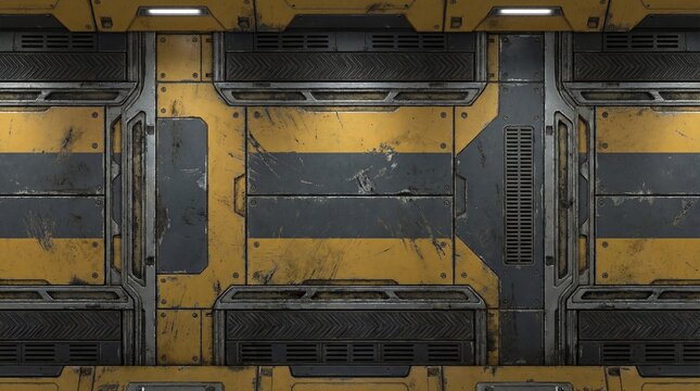 Detailed texture of a worn-out sci-fi industrial metal wall with yellow warning stripes, vents, and glowing lights. Perfect for game environments or backgrounds.