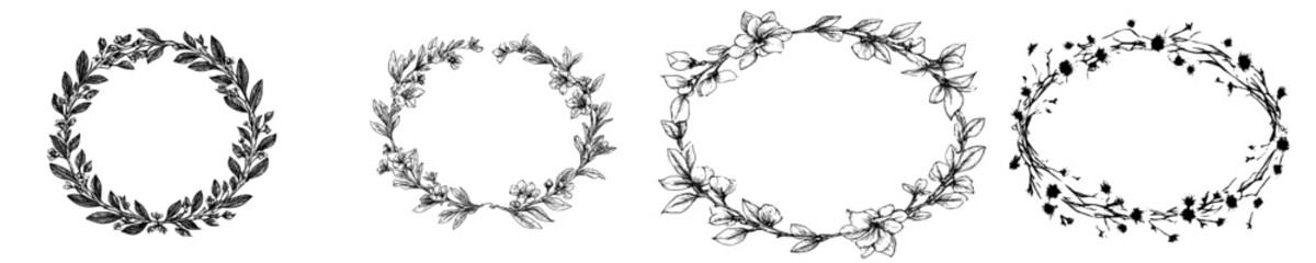 Obraz premium Hand drawn laurel frame, floral wreath with leaves.